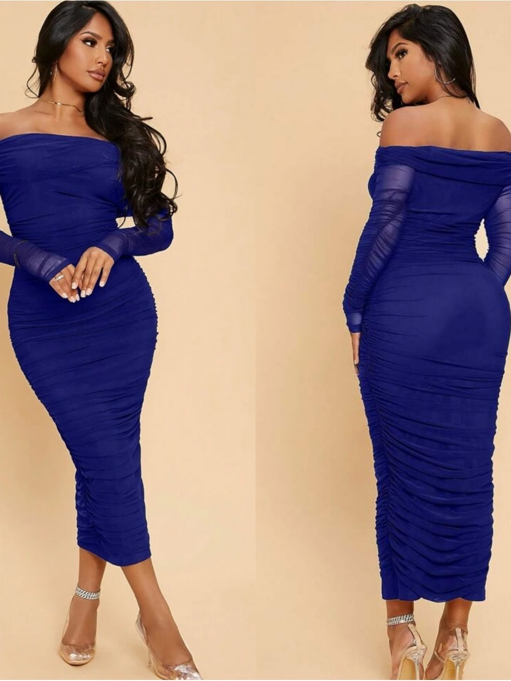 SHEIN SXY Off-Shoulder Royal Blue Ruched Midi Dress